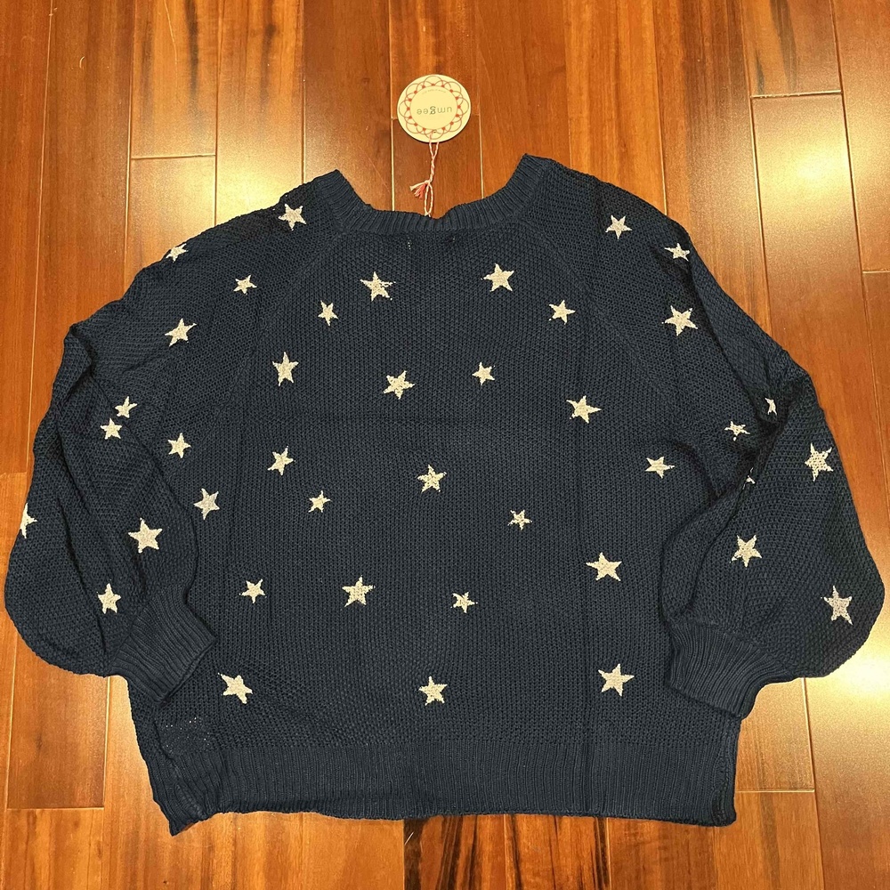 Umgee Star Print Sweater Peacock Navy Blue Long Sleeve Textured Knit New‎ Small - Picture 3 of 8
